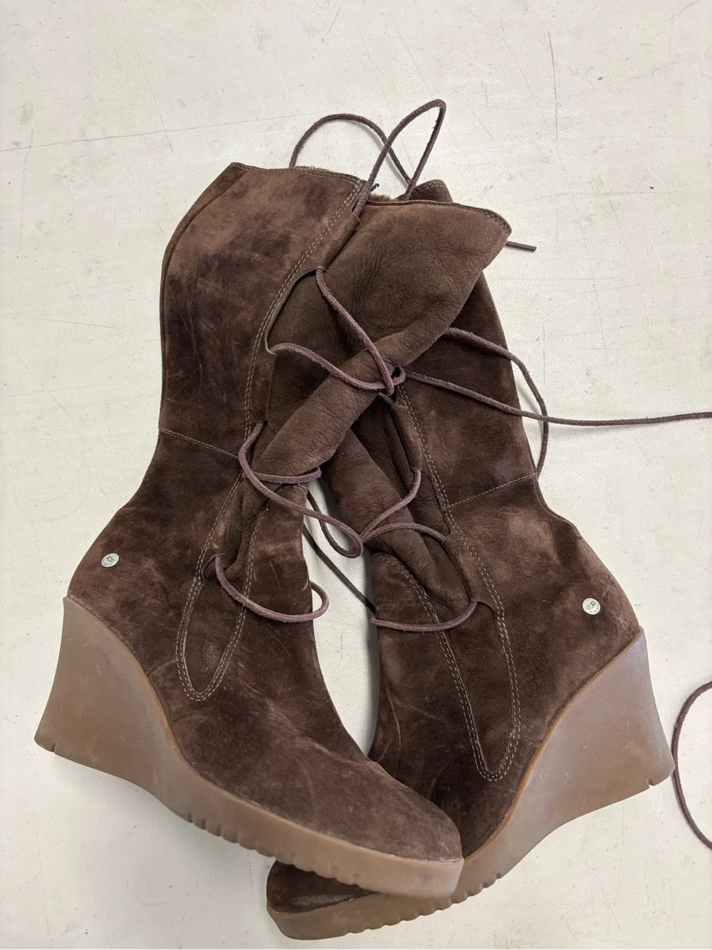UGG Brown Suede Lace-Up Wedge Boots - Picture 1 of 2